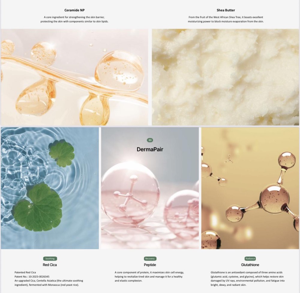 Herbaid key ingredients — Ceramide NP, Shea Butter, Red Cica, Peptide, Glutathione